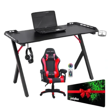 Pack Bureau Gamer RGB GT 01 DEADSKULL + Chaise Gamer DxRacer Rouge RGb
