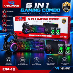 Pack Gaming 5 En 1 Vencor CP-10 - Clavier Souris Casque Tapis & Haut Parleur