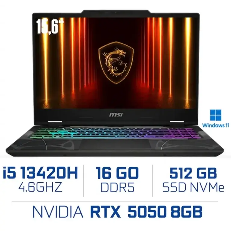MSI Cyborg 15 B13WEKG-1249FRNN i5-13420H/16GB DDR5/512GB SSD/RTX 5050 8GB/15.6" FHD 144Hz/Win11/Black